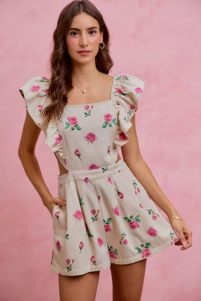 So Me Floral Print Denim Cut Out Waist Ruffled Romper view 9 - Floral Print Romper Women'S (bottom)