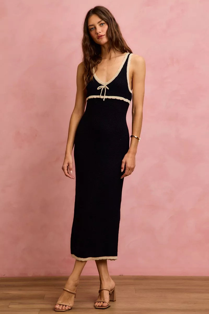 So Me Knit Sweater Maxi Sleeveless Bodycon Resort Dress in Black/Oatmeal view 2 - Summer Outfit Idea