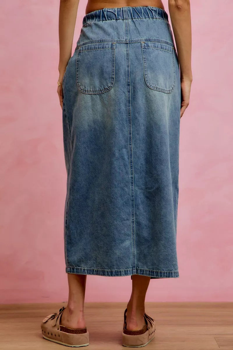 So Me Pleated Washed Denim Skirt with Front Slit DENIM view 3 (skirt) - washed pleated skirt, pleated s - shop at us.meeeshop