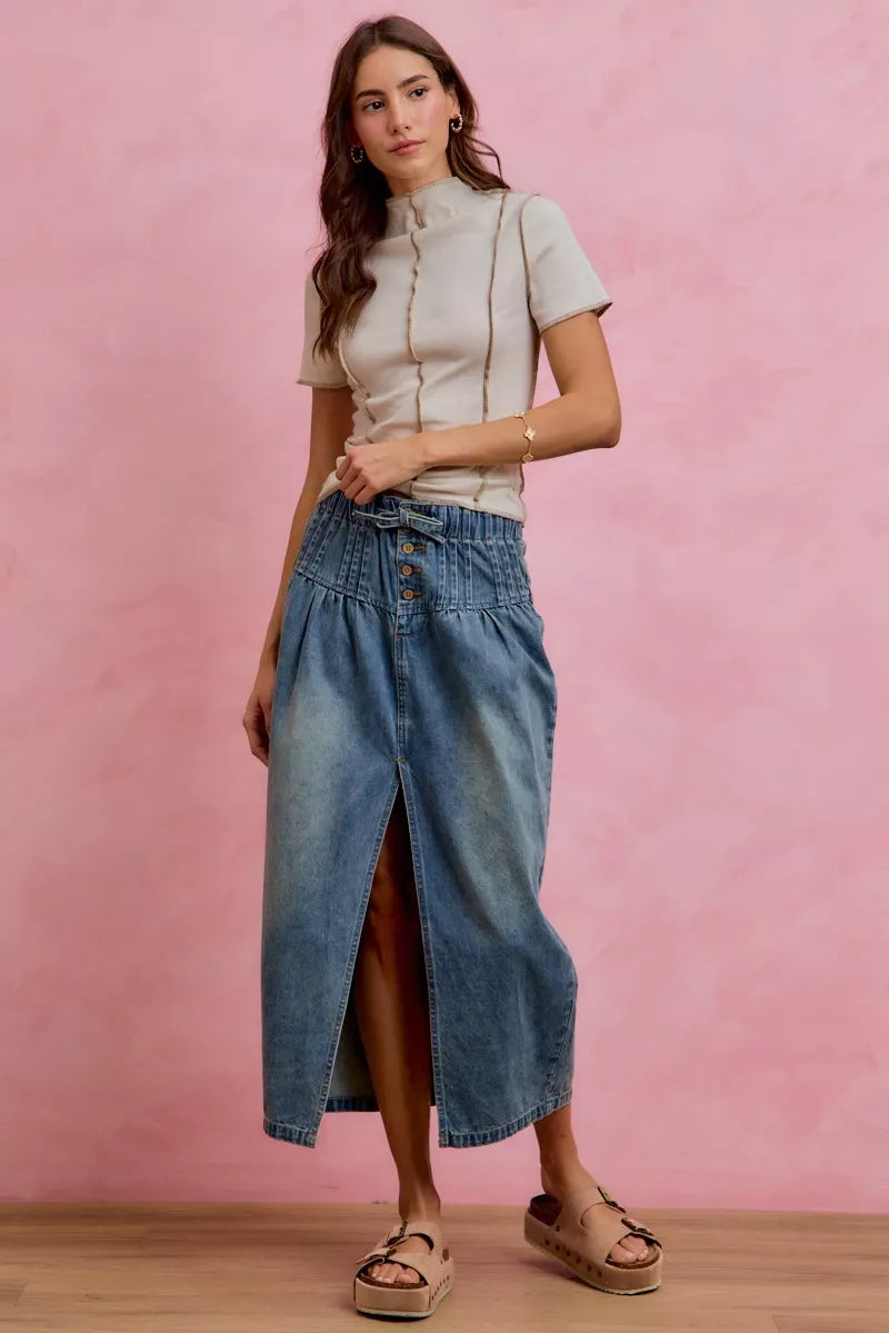 So Me Pleated Washed Denim Skirt with Front Slit DENIM view 4 (skirt) - washed pleated skirt, pleated s - shop at us.meeeshop
