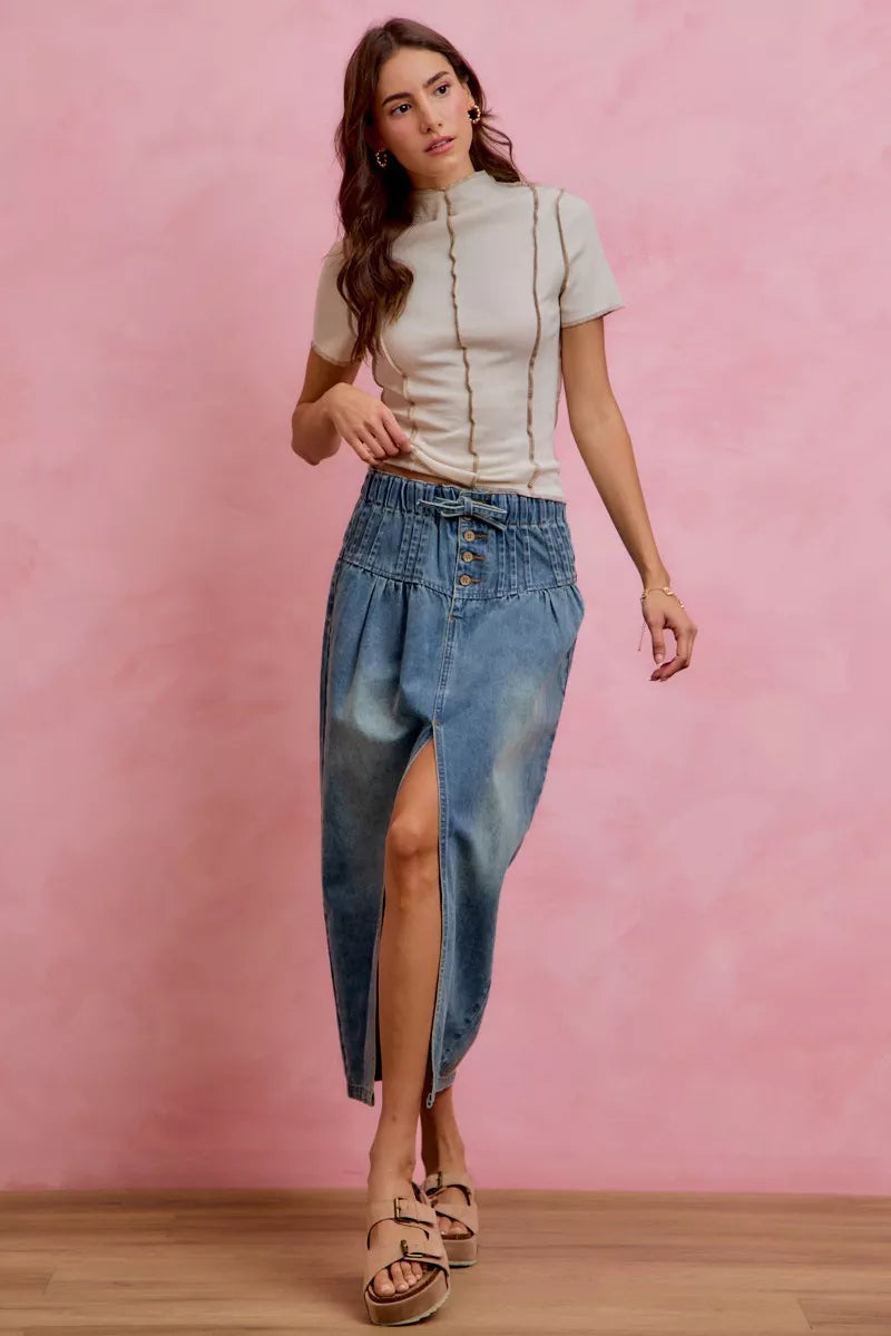 So Me Pleated Washed Denim Skirt with Front Slit view 5 (skirt) - washed pleated skirt, pleated skirt w - shop at us.meeeshop