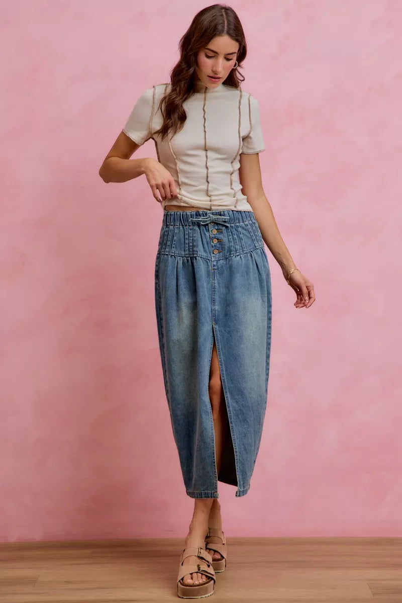 So Me Pleated Washed Denim Skirt with Front Slit view 6 (skirt) - washed pleated skirt, pleated skirt w - shop at us.meeeshop