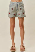 So Me Rose Embroidery High Rise Scallop Hem Denim Shorts DENIM (bottom) - rose embroidered shorts, flow - shop at us.meeeshop