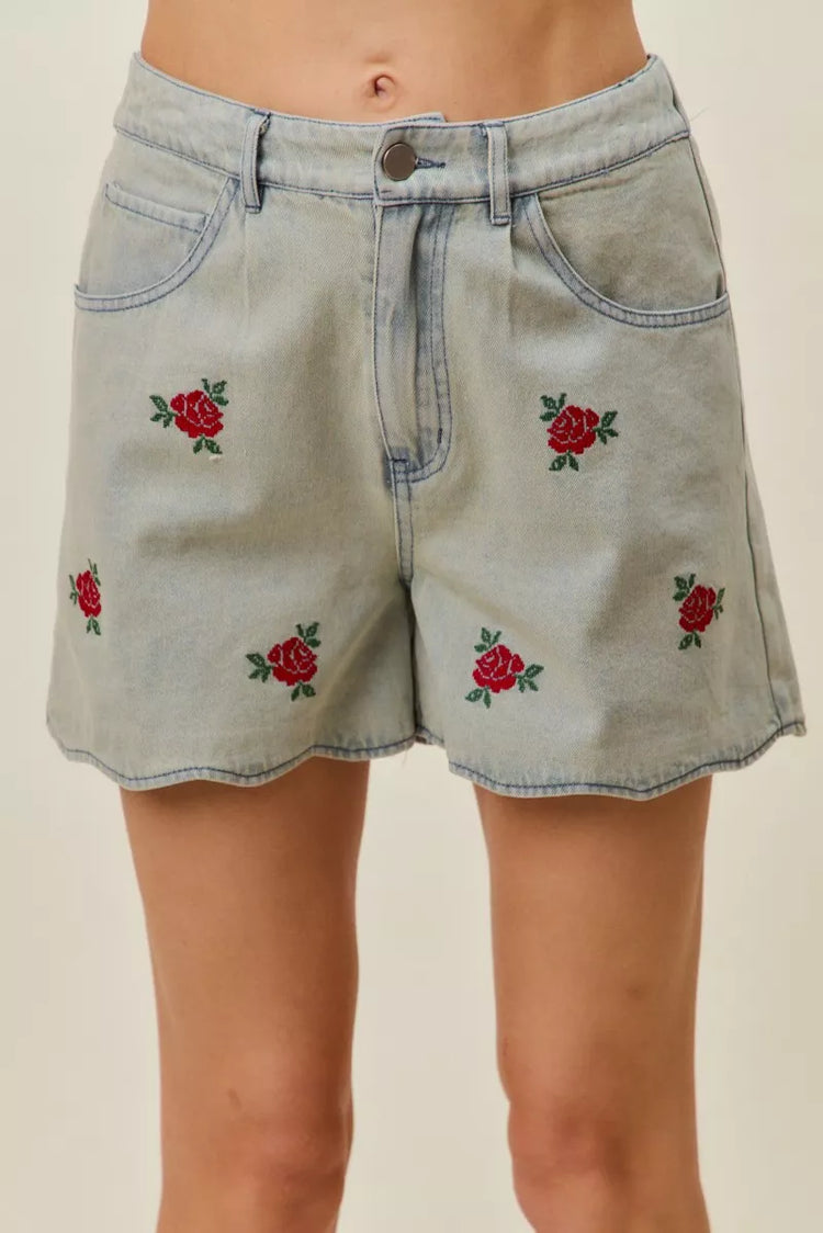 So Me Rose Embroidery High Rise Scallop Hem Denim Shorts DENIM view 4 (bottom) - rose embroidered short - shop at us.meeeshop