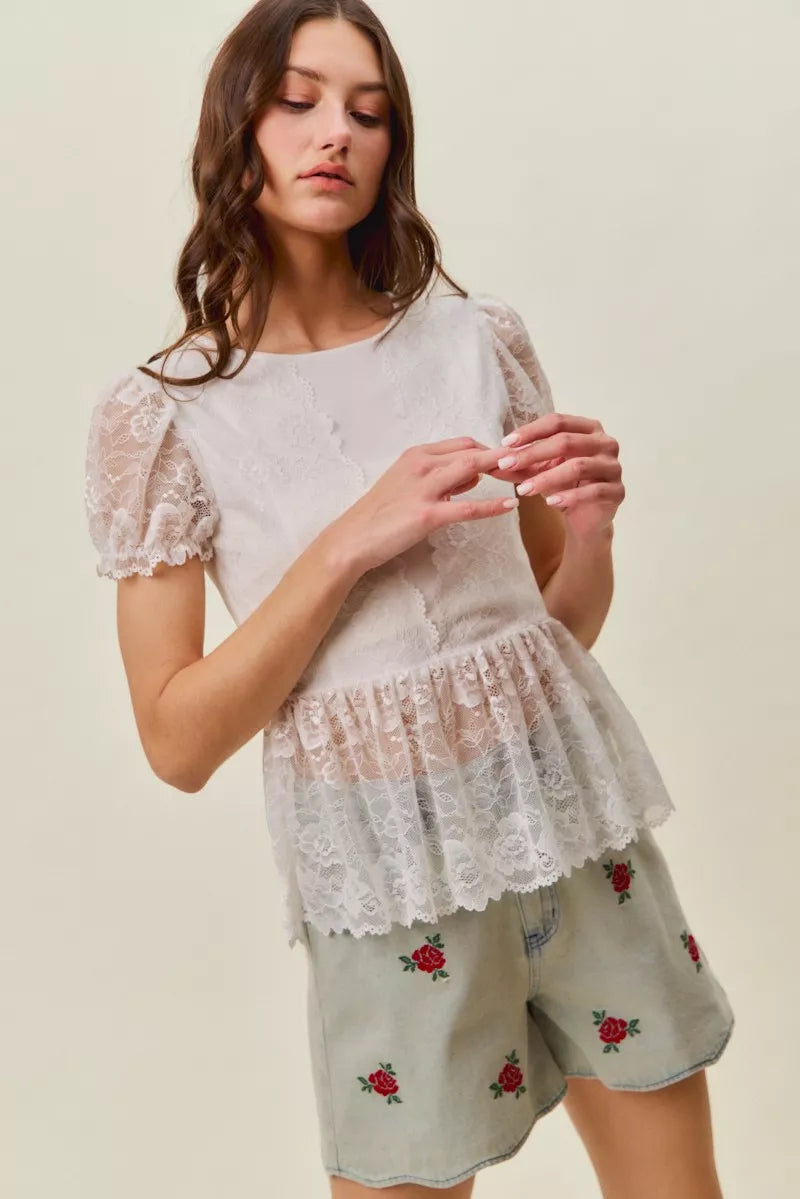 So Me Rose Embroidery High Rise Scallop Hem Denim Shorts view 6 (bottom) - rose embroidered shorts, flo - shop at us.meeeshop