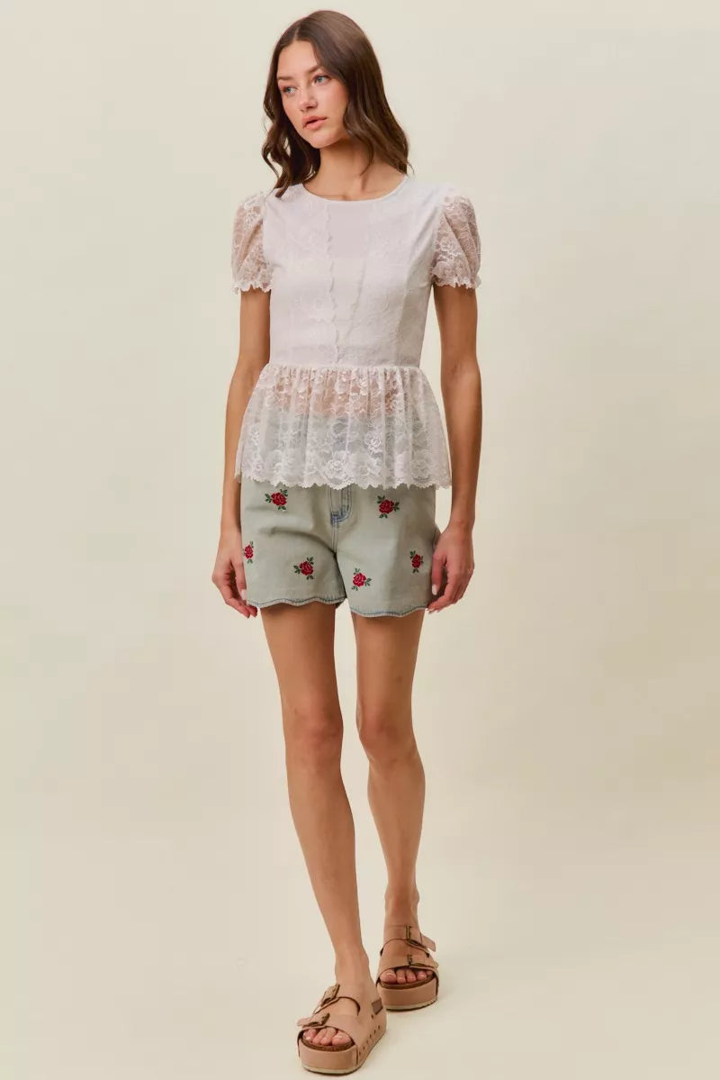 So Me Rose Embroidery High Rise Scallop Hem Denim Shorts view 9 (bottom) - rose embroidered shorts, flo - shop at us.meeeshop