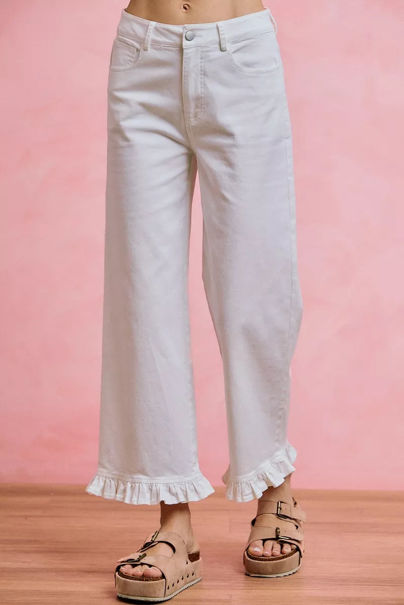 So Me Ruffled Bottom Detail Mid Rise Jeans WHITE (bottom) - ruffle bottom jeans for women, ruffle botto - shop at us.meeeshop