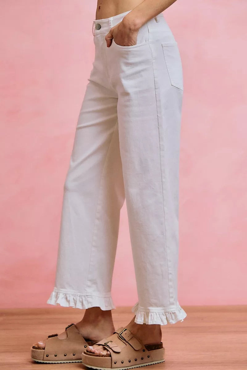 So Me Ruffled Bottom Detail Mid Rise Jeans WHITE view 2 (bottom) - ruffle bottom jeans for women, ruffl - shop at us.meeeshop