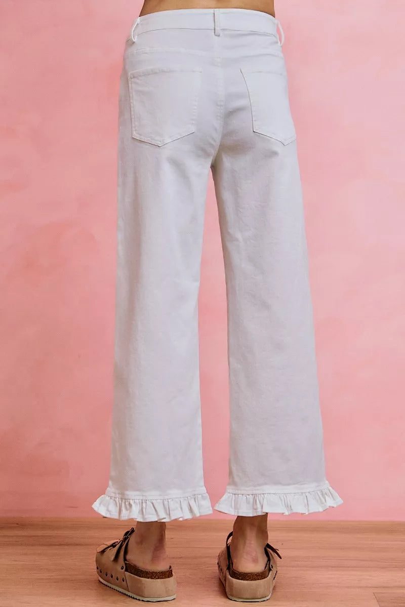 So Me Ruffled Bottom Detail Mid Rise Jeans WHITE view 3 (bottom) - ruffle bottom jeans for women, ruffl - shop at us.meeeshop