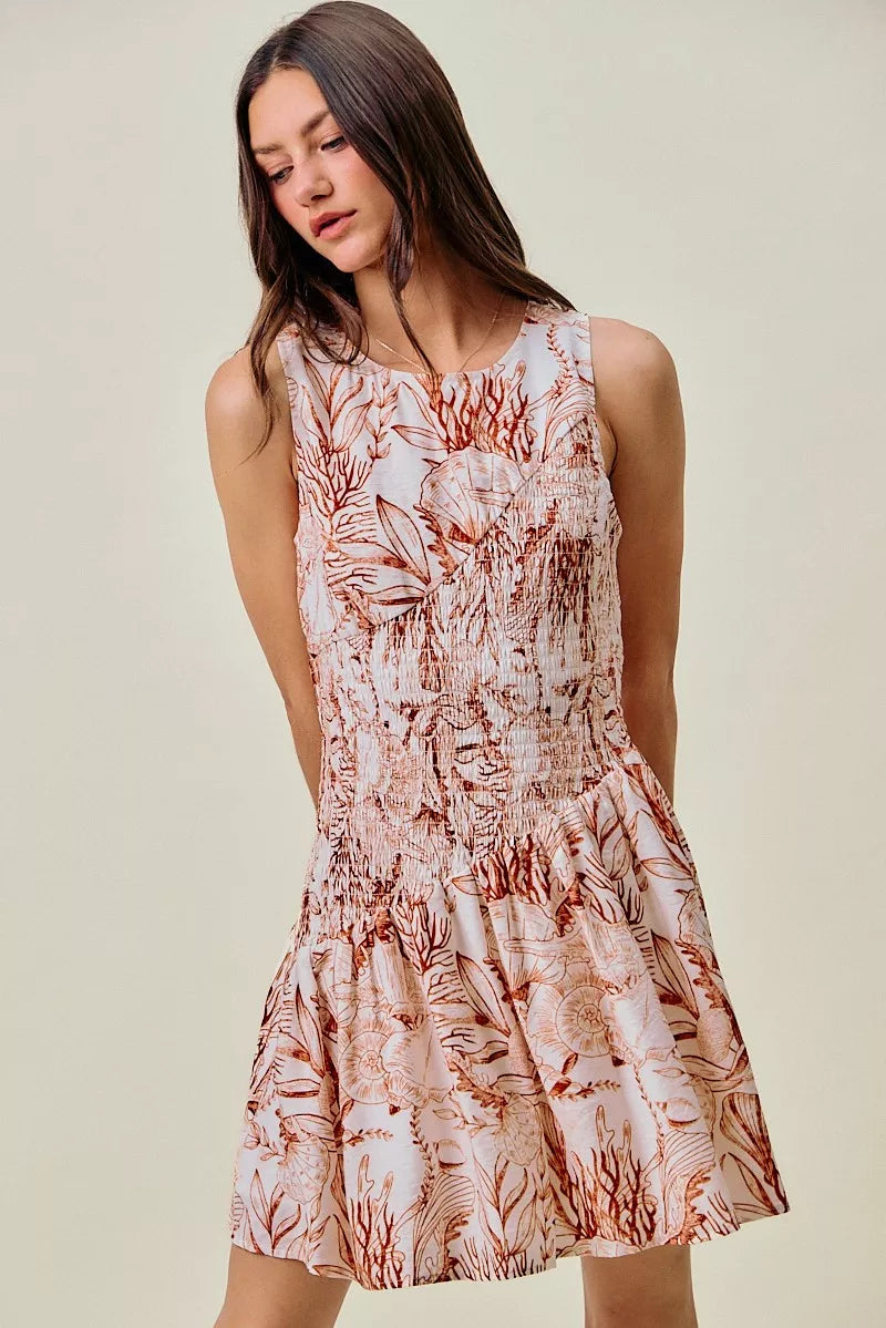 So Me Shell Print Smocked Fit and Flare Mini Lined Dress TAUPE (dress) - shell print dress women, shell - shop at us.meeeshop