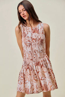 So Me Shell Print Smocked Fit and Flare Mini Lined Dress