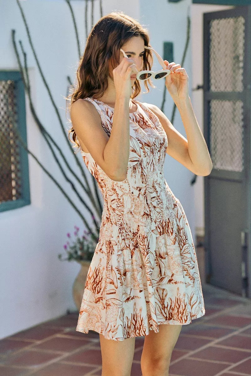 So Me Shell Print Smocked Fit and Flare Mini Lined Dress view 11 (dress) - shell print dress women, she - shop at us.meeeshop