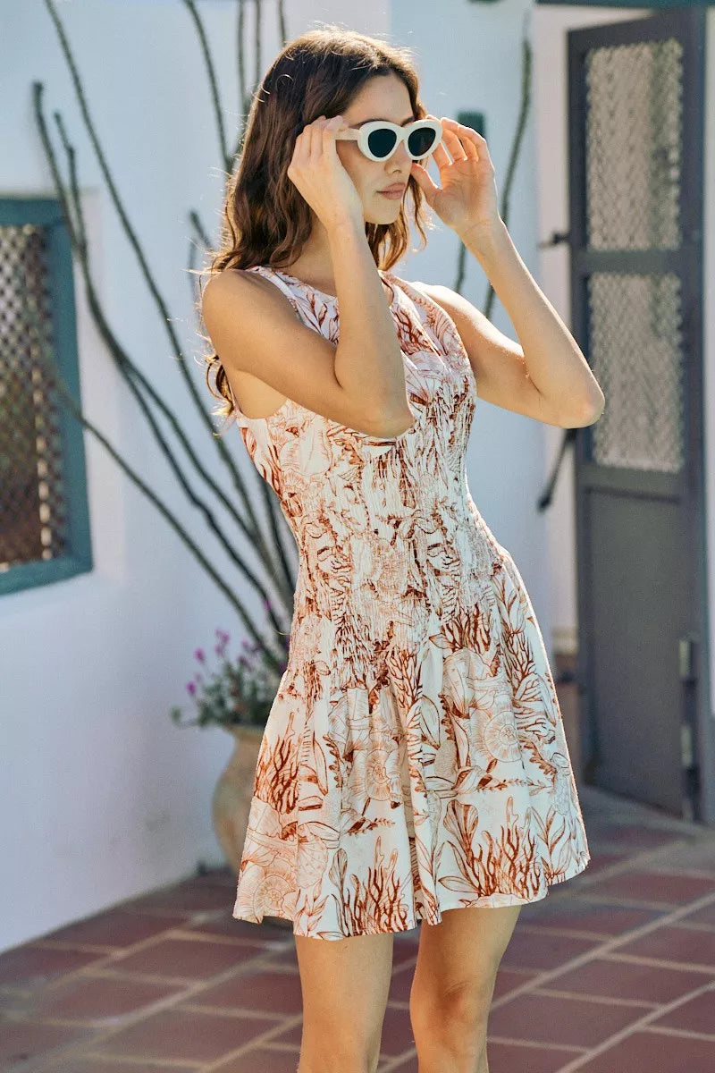 So Me Shell Print Smocked Fit and Flare Mini Lined Dress view 12 (dress) - shell print dress women, she - shop at us.meeeshop