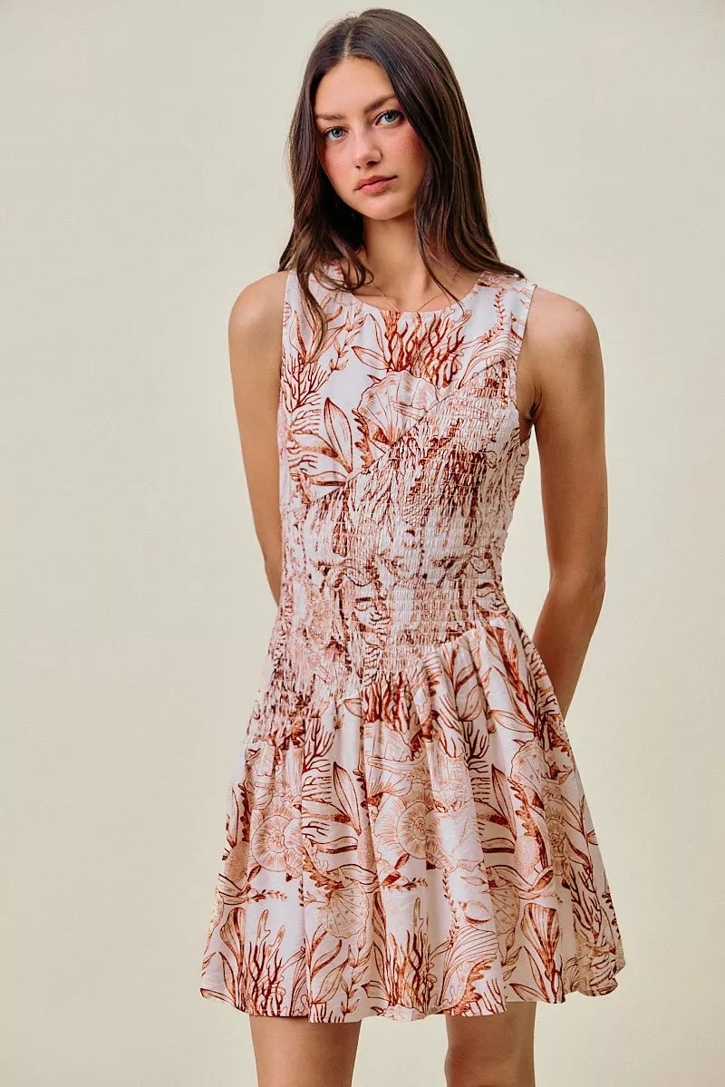 So Me Shell Print Smocked Fit and Flare Mini Lined Dress view 14 (dress) - shell print dress women, she - shop at us.meeeshop