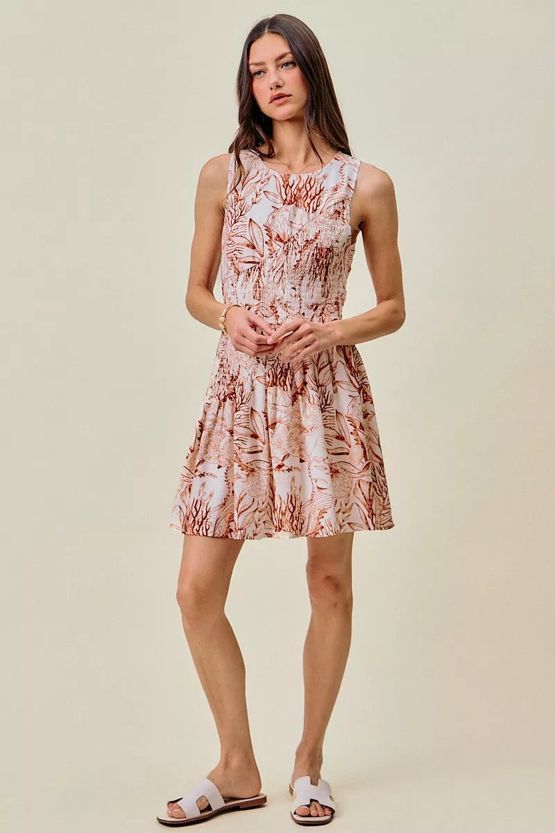 So Me Shell Print Smocked Fit and Flare Mini Lined Dress view 22 (dress) - shell print dress women, she - shop at us.meeeshop