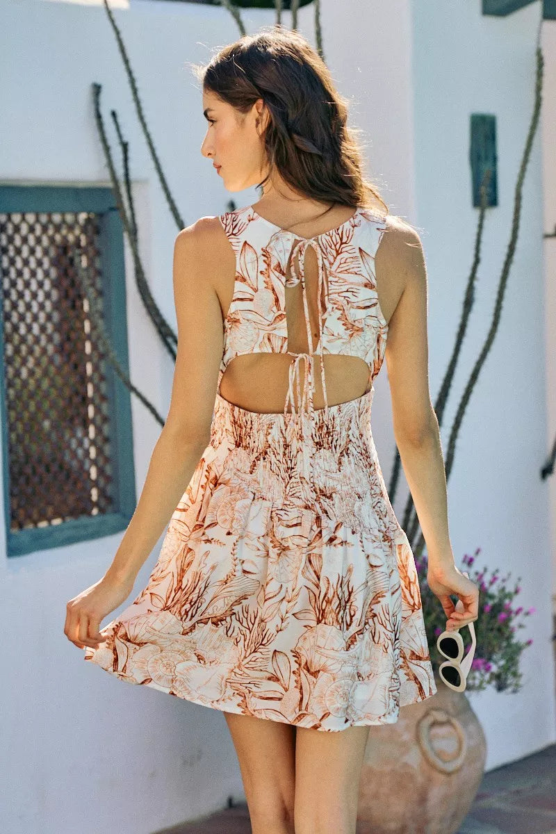 So Me Shell Print Smocked Fit and Flare Mini Lined Dress view 8 (dress) - shell print dress women, shel - shop at us.meeeshop