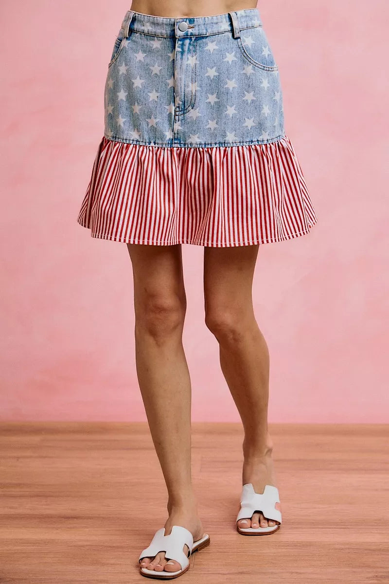 So Me Stars and Stripes Fit and Flare Denim Mini Skirt BLUE/RED (skirt) - stars and stripes skirt, star - shop at us.meeeshop
