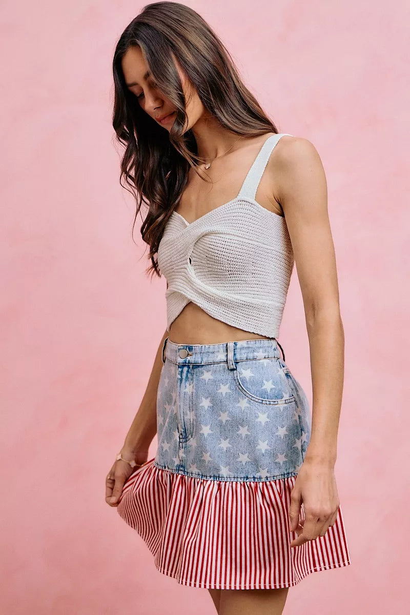 So Me Stars and Stripes Fit and Flare Denim Mini Skirt view 13 (skirt) - stars and stripes skirt, stars - shop at us.meeeshop