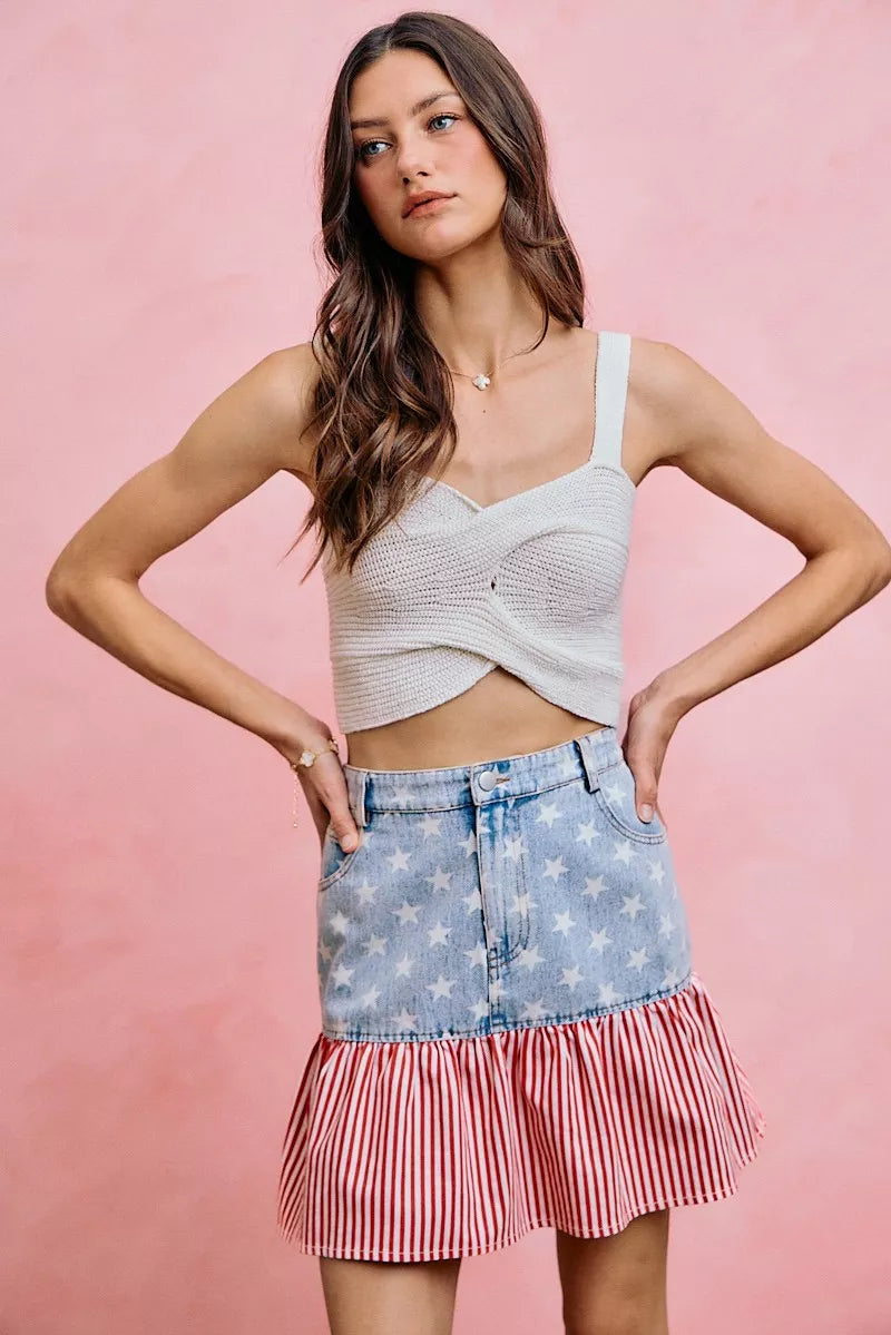 So Me Stars and Stripes Fit and Flare Denim Mini Skirt view 9 (skirt) - stars and stripes skirt, stars  - shop at us.meeeshop