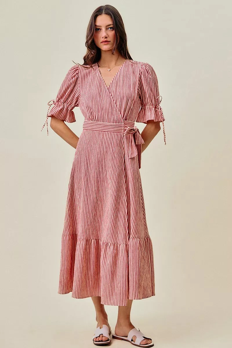 So Me Stripe Textured Short Sleeves Lined Wrap Midi Dres RED (dress) - stripe textured dress, stripe te - shop at us.meeeshop