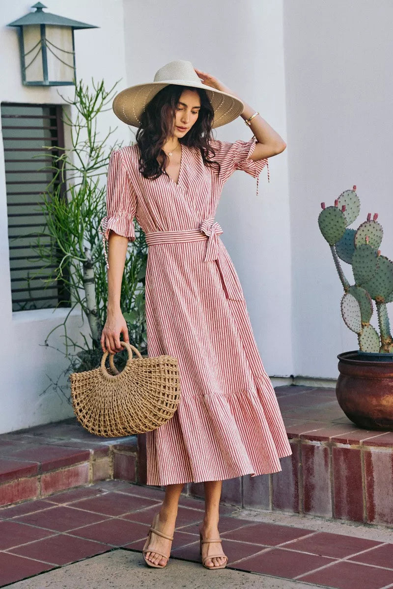 So Me Stripe Textured Short Sleeves Lined Wrap Midi Dres view 10 (dress) - stripe textured dress, strip - shop at us.meeeshop