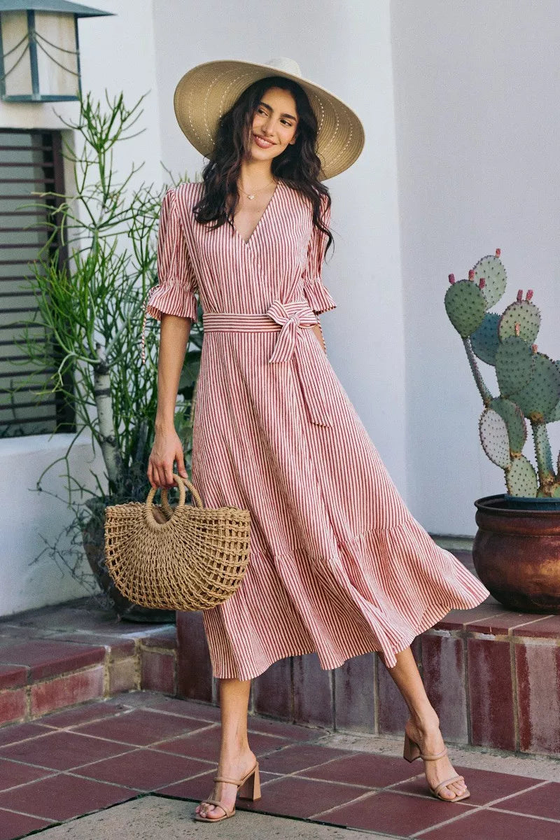 So Me Stripe Textured Short Sleeves Lined Wrap Midi Dres view 11 (dress) - stripe textured dress, strip - shop at us.meeeshop
