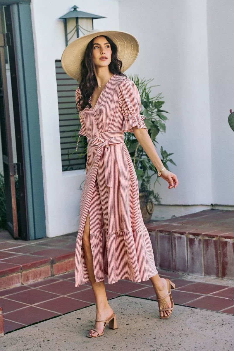 So Me Stripe Textured Short Sleeves Lined Wrap Midi Dres view 12 (dress) - stripe textured dress, strip - shop at us.meeeshop