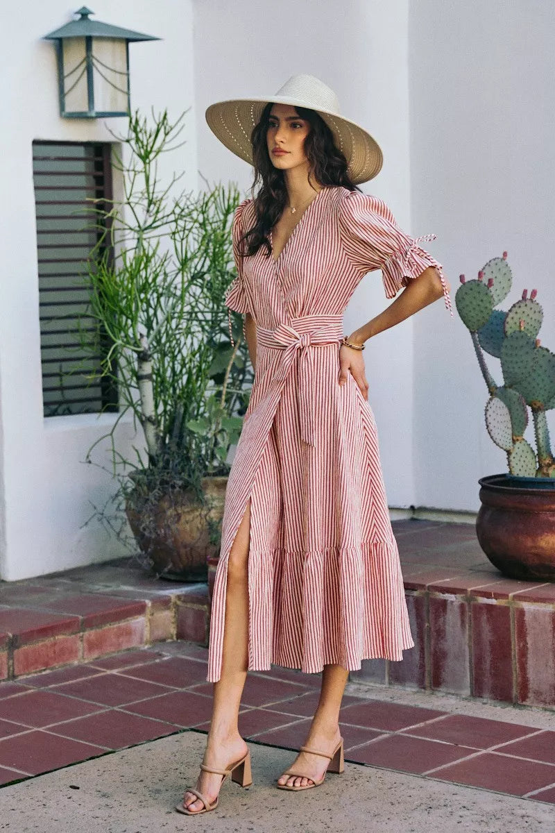 So Me Stripe Textured Short Sleeves Lined Wrap Midi Dres view 13 (dress) - stripe textured dress, strip - shop at us.meeeshop