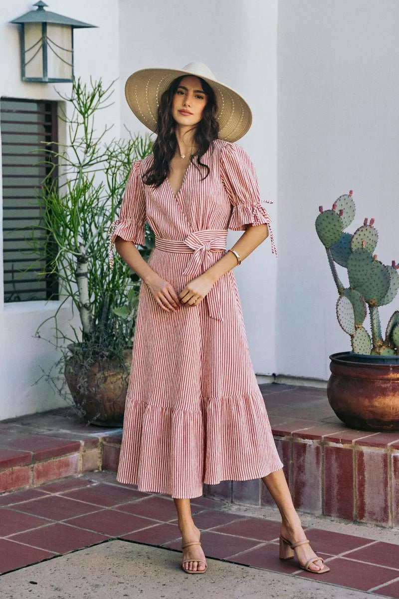 So Me Stripe Textured Short Sleeves Lined Wrap Midi Dres view 14 (dress) - stripe textured dress, strip - shop at us.meeeshop