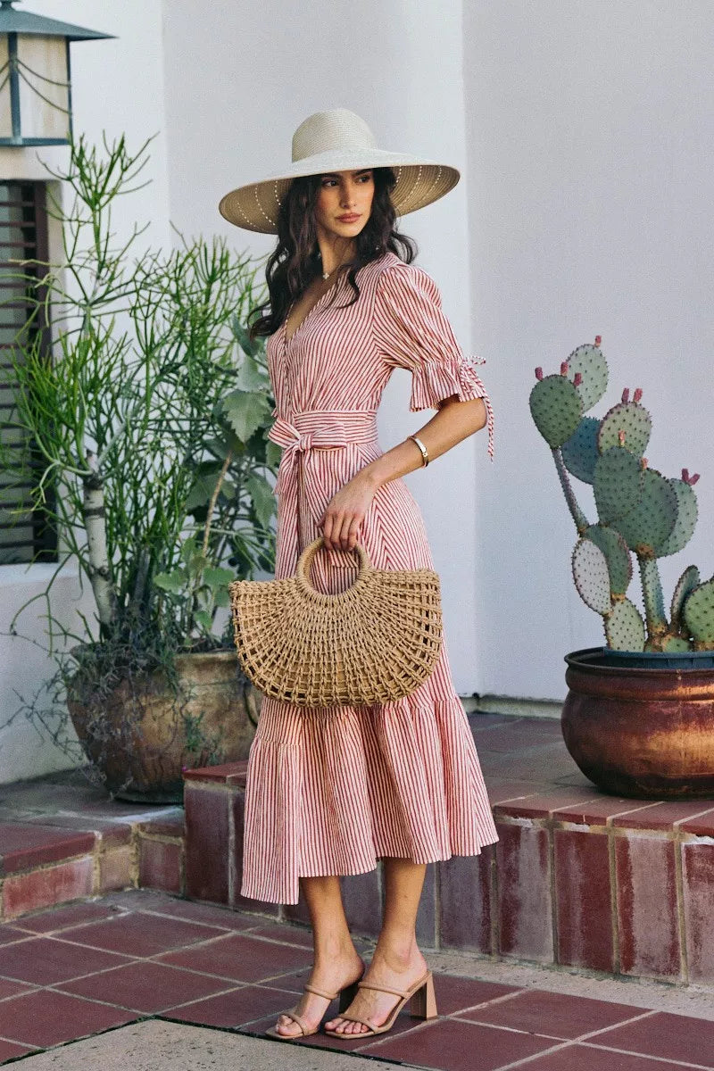 So Me Stripe Textured Short Sleeves Lined Wrap Midi Dres view 15 (dress) - stripe textured dress, strip - shop at us.meeeshop