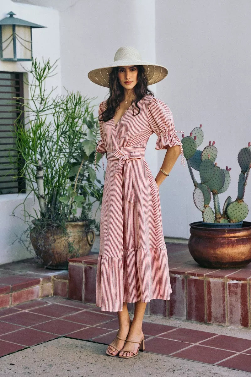 So Me Stripe Textured Short Sleeves Lined Wrap Midi Dres view 17 (dress) - stripe textured dress, strip - shop at us.meeeshop