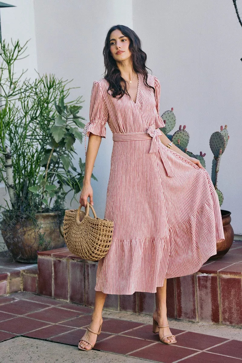 So Me Stripe Textured Short Sleeves Lined Wrap Midi Dres view 18 (dress) - stripe textured dress, strip - shop at us.meeeshop