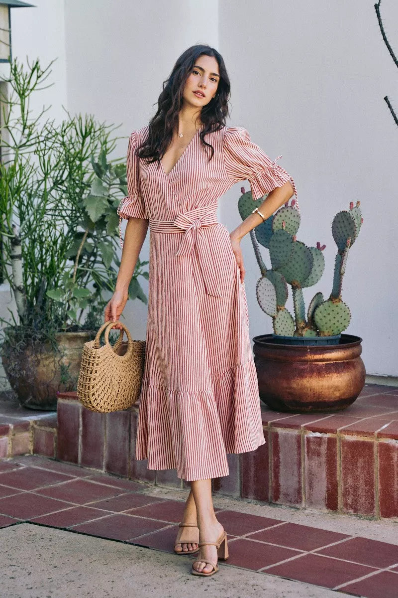 So Me Stripe Textured Short Sleeves Lined Wrap Midi Dres view 19 (dress) - stripe textured dress, strip - shop at us.meeeshop