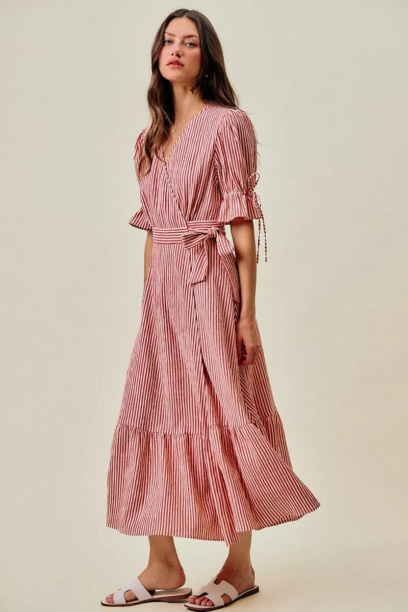 So Me Stripe Textured Short Sleeves Lined Wrap Midi Dres RED view 2 (dress) - stripe textured dress, st - shop at us.meeeshop