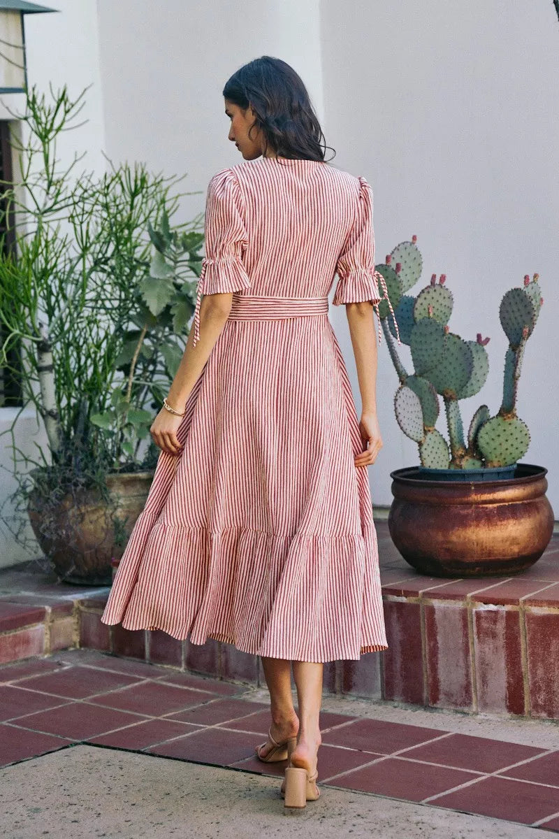 So Me Stripe Textured Short Sleeves Lined Wrap Midi Dres view 20 (dress) - stripe textured dress, strip - shop at us.meeeshop