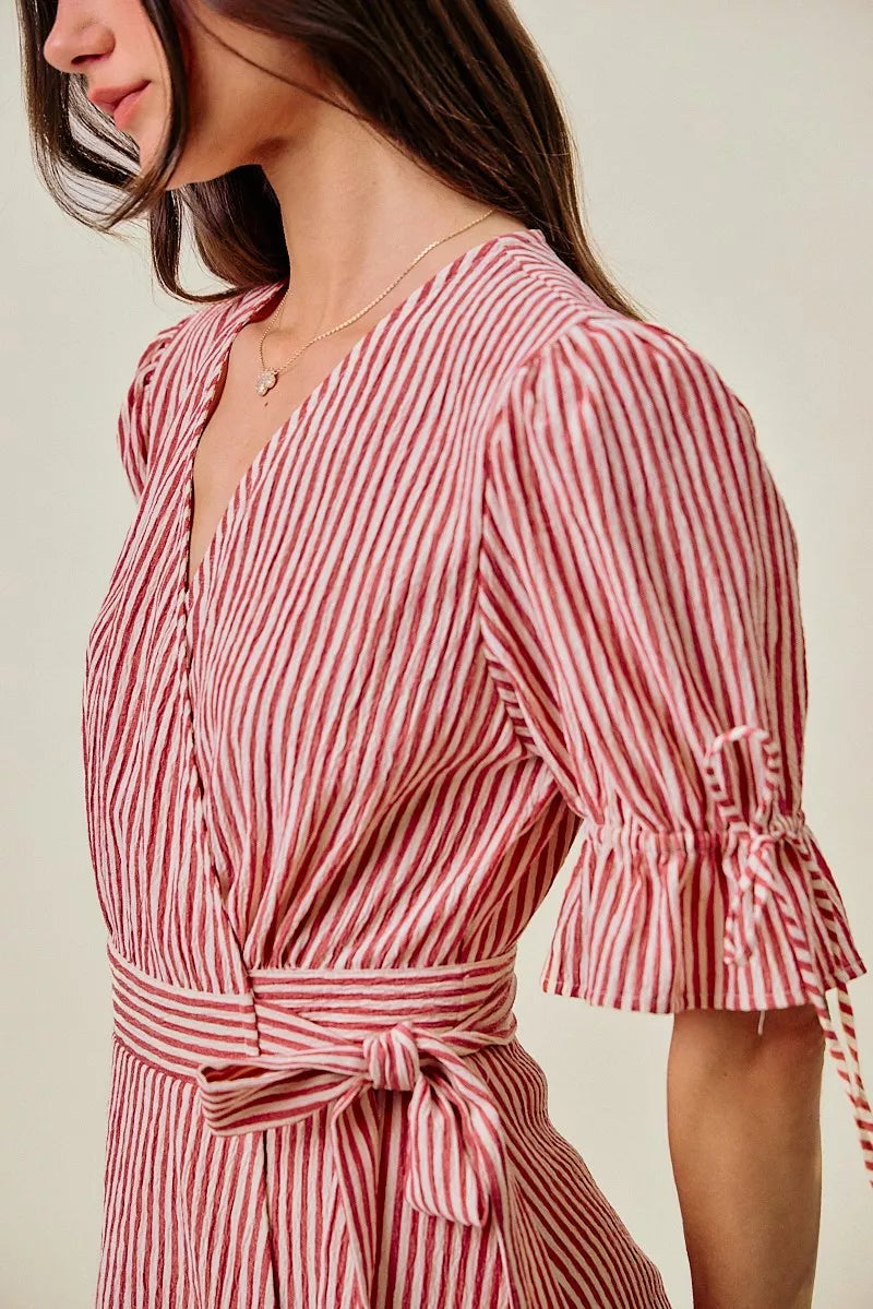 So Me Stripe Textured Short Sleeves Lined Wrap Midi Dres view 21 (dress) - stripe textured dress, strip - shop at us.meeeshop