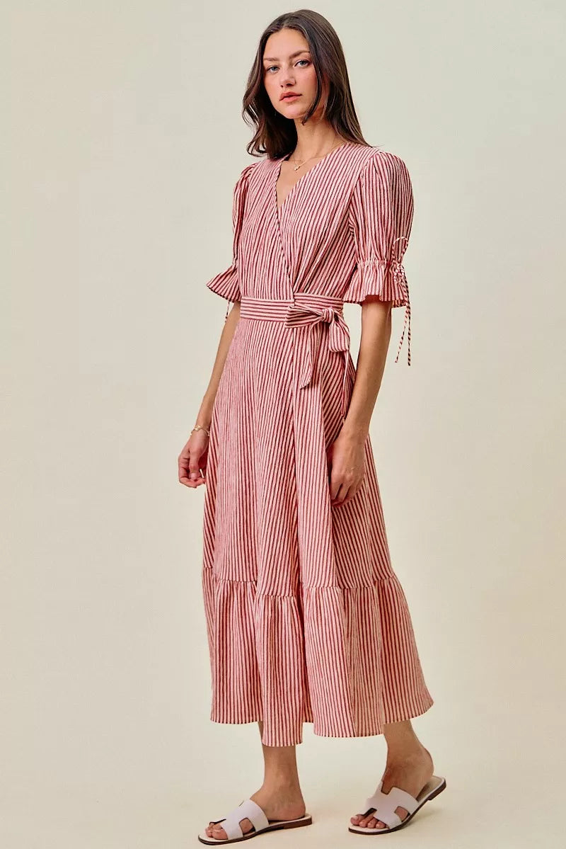 So Me Stripe Textured Short Sleeves Lined Wrap Midi Dres view 22 (dress) - stripe textured dress, strip - shop at us.meeeshop