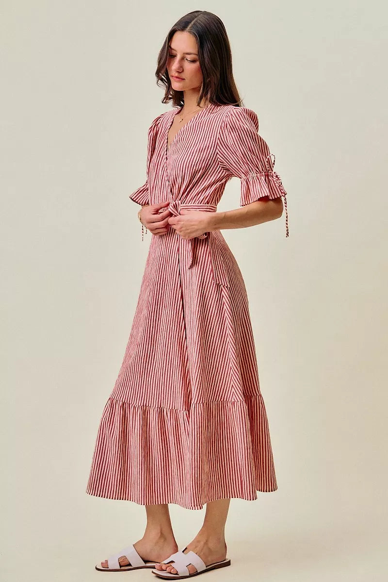 So Me Stripe Textured Short Sleeves Lined Wrap Midi Dres view 23 (dress) - stripe textured dress, strip - shop at us.meeeshop