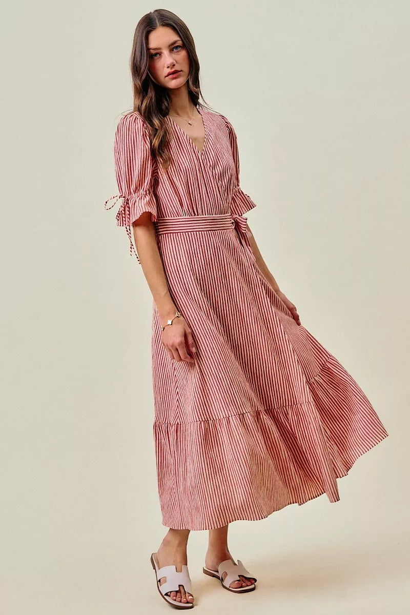 So Me Stripe Textured Short Sleeves Lined Wrap Midi Dres view 24 (dress) - stripe textured dress, strip - shop at us.meeeshop