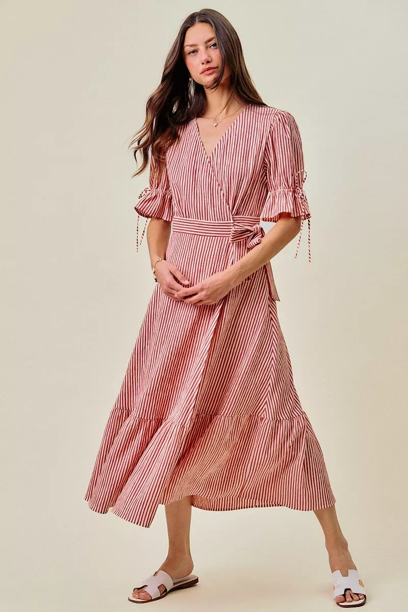 So Me Stripe Textured Short Sleeves Lined Wrap Midi Dres view 25 (dress) - stripe textured dress, strip - shop at us.meeeshop