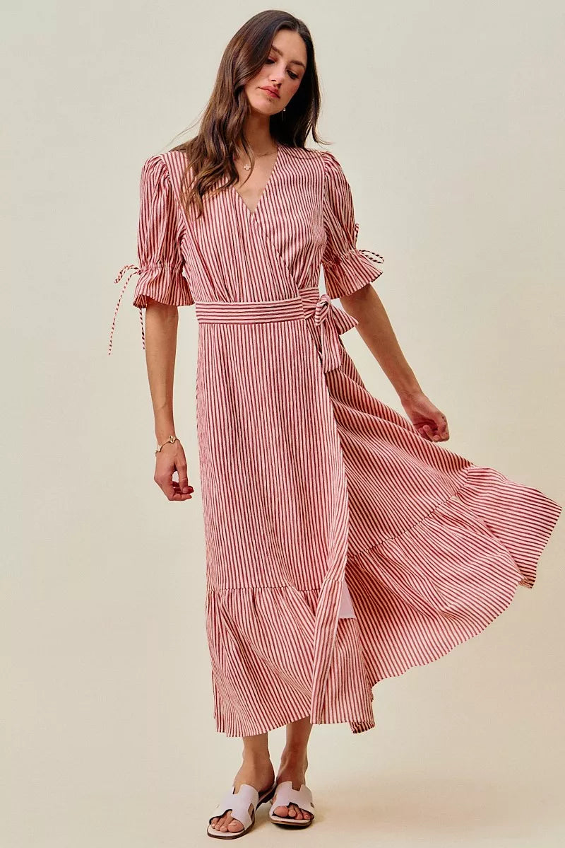 So Me Stripe Textured Short Sleeves Lined Wrap Midi Dres view 26 (dress) - stripe textured dress, strip - shop at us.meeeshop