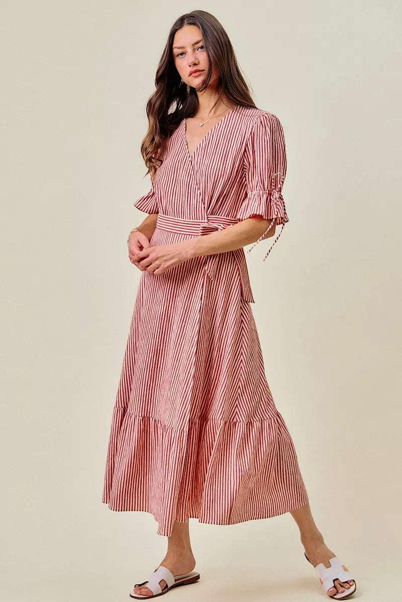 So Me Stripe Textured Short Sleeves Lined Wrap Midi Dres view 27 (dress) - stripe textured dress, strip - shop at us.meeeshop
