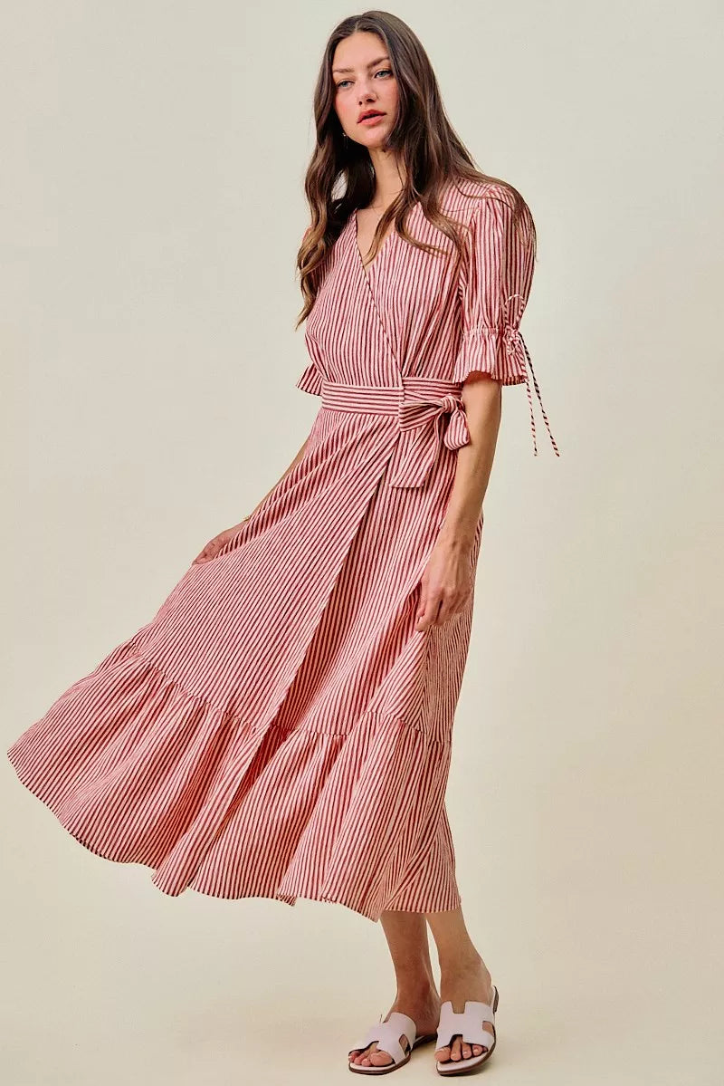 So Me Stripe Textured Short Sleeves Lined Wrap Midi Dres view 28 (dress) - stripe textured dress, strip - shop at us.meeeshop