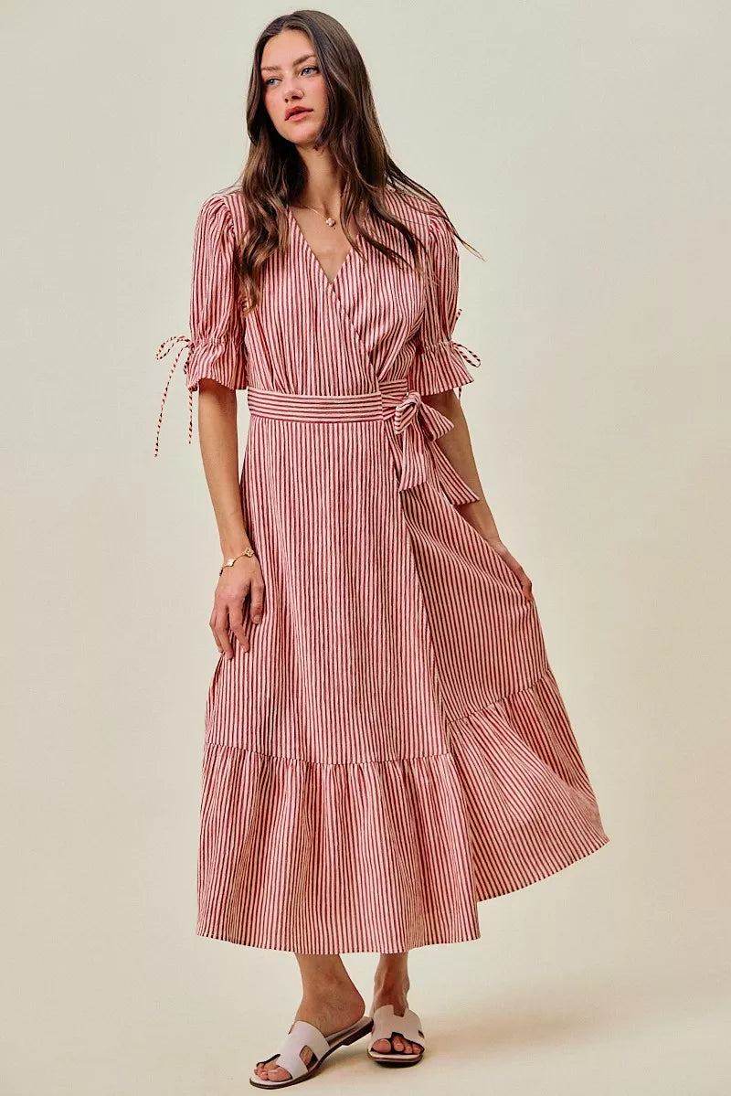 So Me Stripe Textured Short Sleeves Lined Wrap Midi Dres view 29 (dress) - stripe textured dress, strip - shop at us.meeeshop