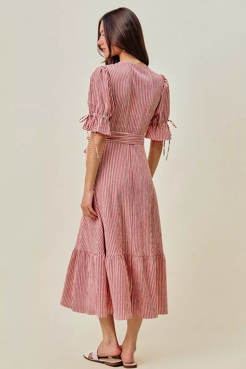 So Me Stripe Textured Short Sleeves Lined Wrap Midi Dres RED view 3 (dress) - stripe textured dress, st - shop at us.meeeshop
