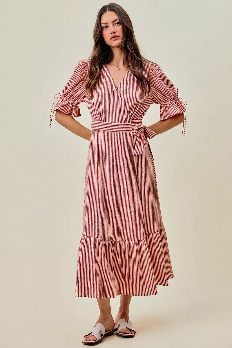 So Me Stripe Textured Short Sleeves Lined Wrap Midi Dres view 30 (dress) - stripe textured dress, strip - shop at us.meeeshop