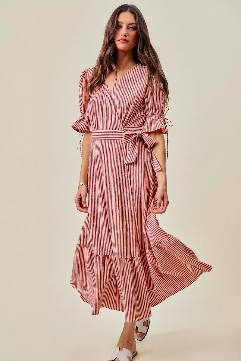 So Me Stripe Textured Short Sleeves Lined Wrap Midi Dres view 31 (dress) - stripe textured dress, strip - shop at us.meeeshop