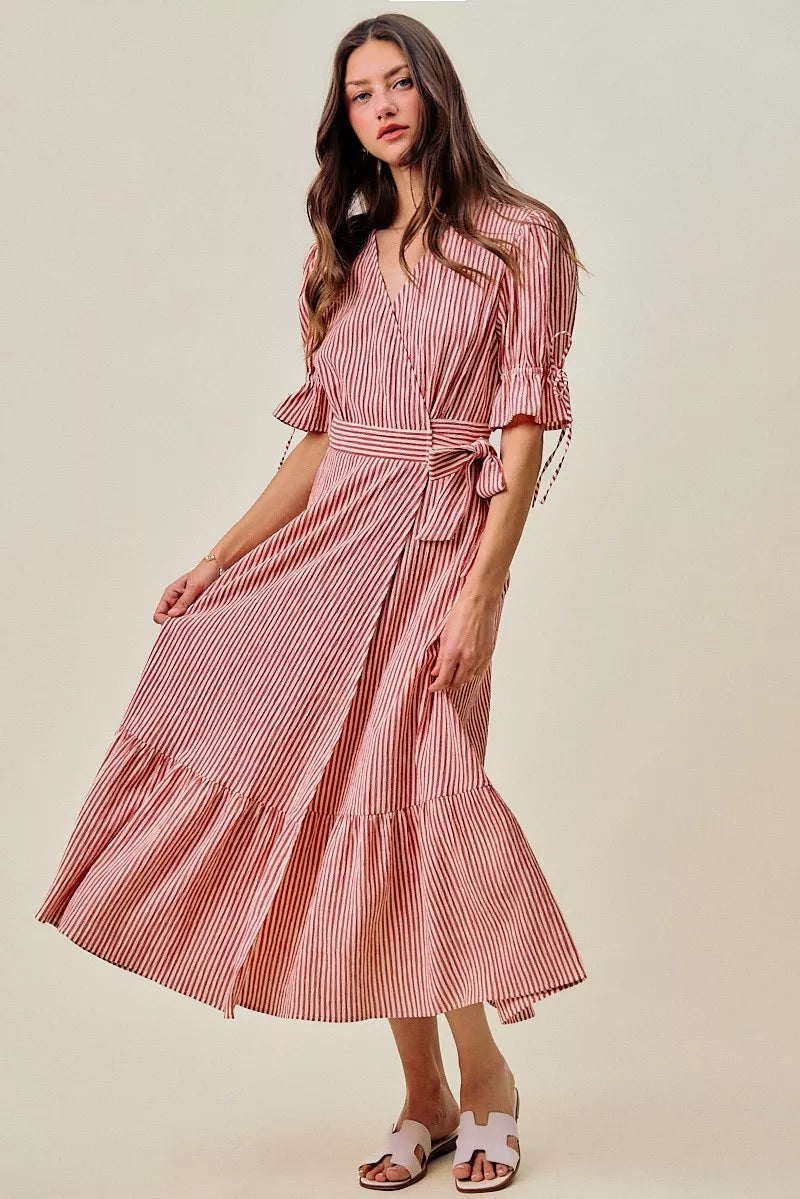 So Me Stripe Textured Short Sleeves Lined Wrap Midi Dres RED view 4 (dress) - stripe textured dress, st - shop at us.meeeshop