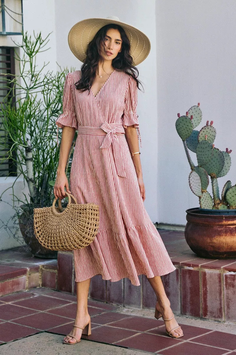 So Me Stripe Textured Short Sleeves Lined Wrap Midi Dres view 5 (dress) - stripe textured dress, stripe - shop at us.meeeshop
