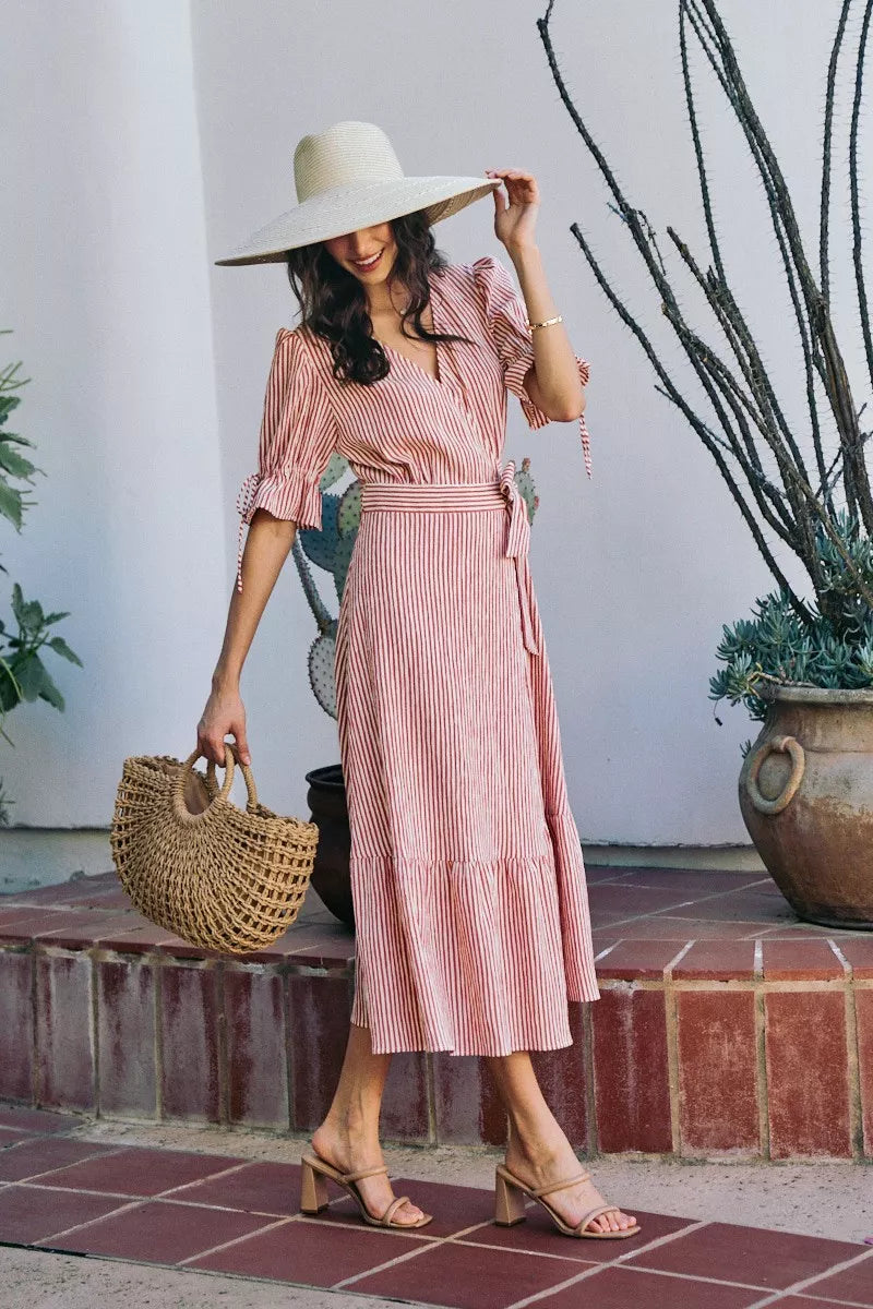 So Me Stripe Textured Short Sleeves Lined Wrap Midi Dres view 6 (dress) - stripe textured dress, stripe - shop at us.meeeshop
